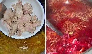 Chop the meat and, together with the beets, put in the broth.