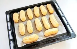 Bake the eclairs at 180 degrees for about 30 minutes until light golden brown.