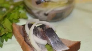 And finally, we get a delicious lightly salted herring with sweet-sour onions. Delicious!