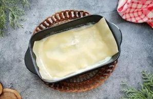 Pour a little sauce into the baking dish and put the first sheet of lasagna in it.