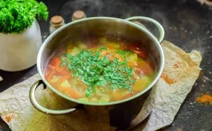 Boil the soup for 35 minutes, at the end of cooking add chopped greens.