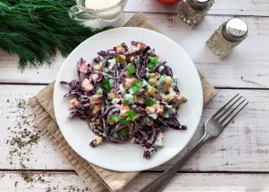 Purple cabbage salad with crab sticks is ready. Delicious!