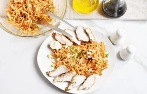 Place the salad in the middle of a large plate. Arrange the fried fillet, cut into pieces, around the edges. Serve immediately while the ...