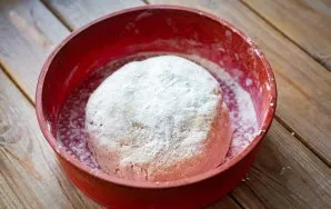 Transfer the ball loaf obtained during mixing to a mold, the bottom of which you previously sprinkled with flour. Lightly press the futur...