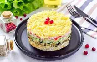 Salad with crab sticks, cucumbers and champignons