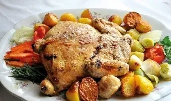 Chicken skin stuffed with minced chicken